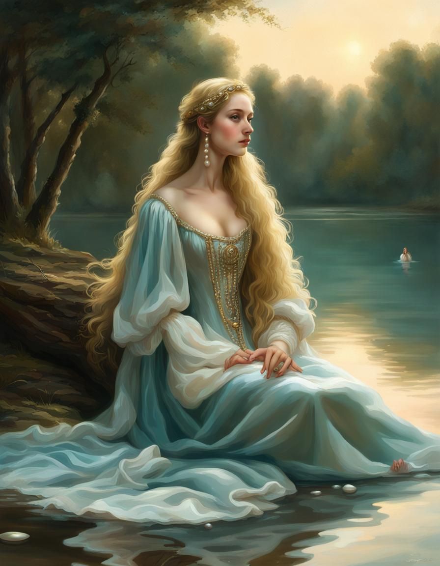 Renaissance Girl with Pearl Embroidery in Lake