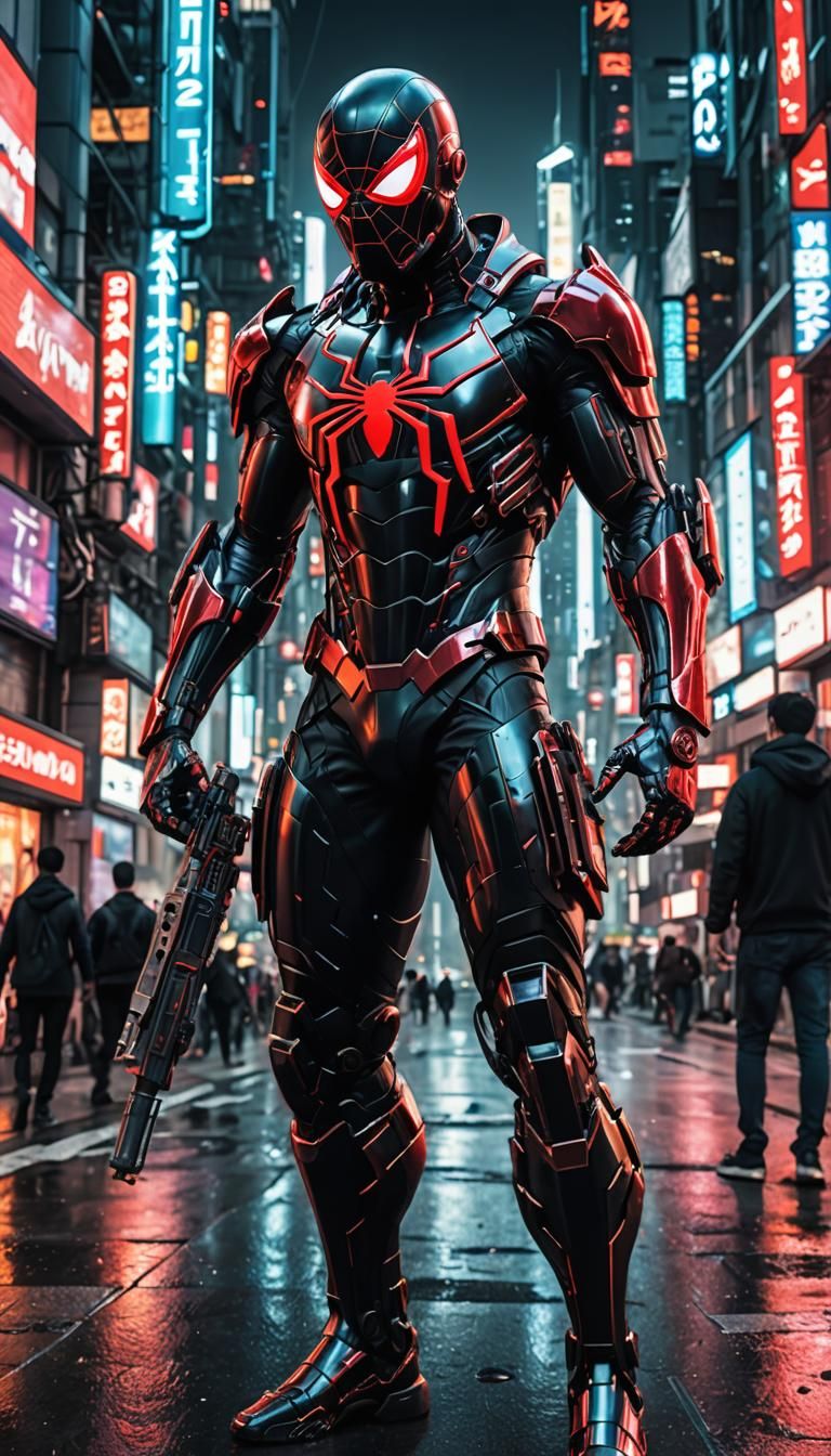 Cyberpunk Spider-Man in Hi-Tech Glowing Armor