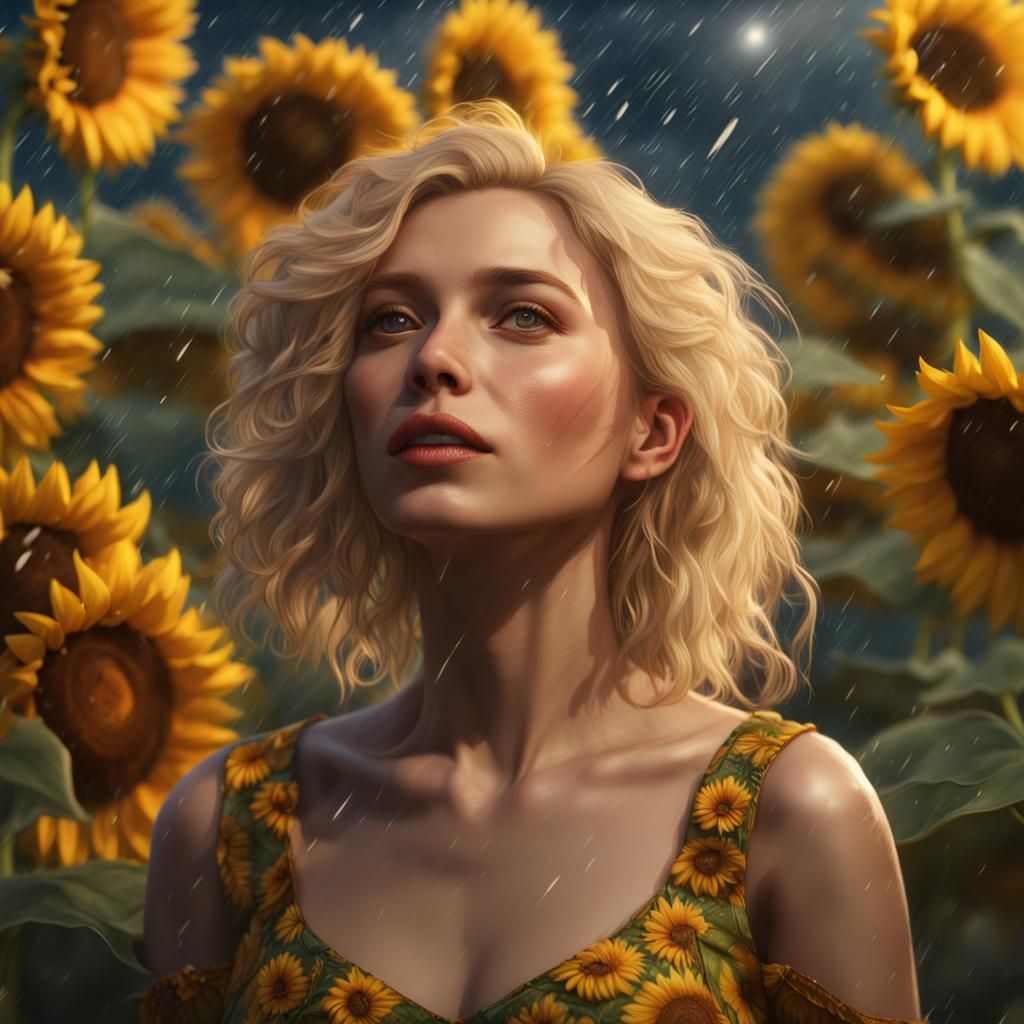 Woman in Sunflower Rain: Fantasy Concept Art