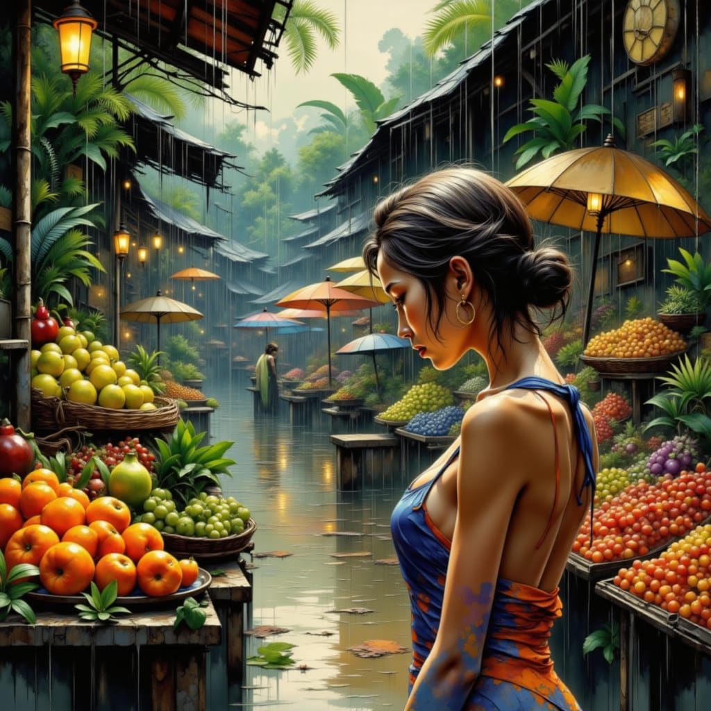 Tropical Market in Heavy Rain with Drenched Woman