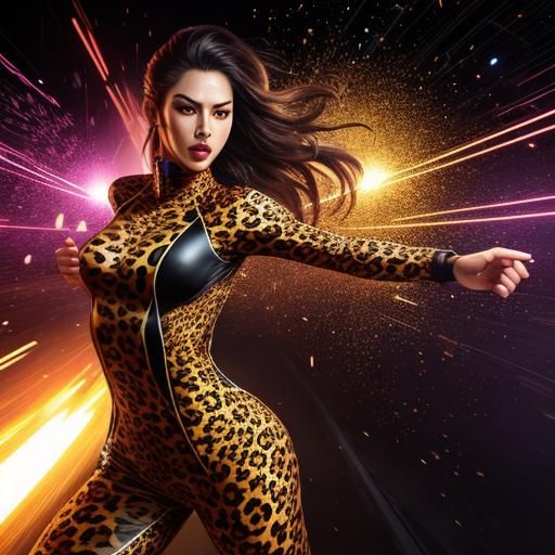 Woman in Leopard Catsuit: Hyperrealistic Splash Art