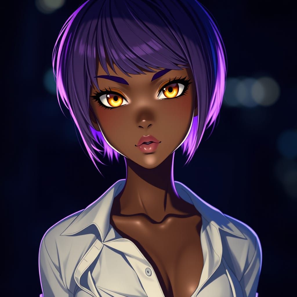 Dark-Skinned Tomboy with Glowing Eyes in Dark Theme