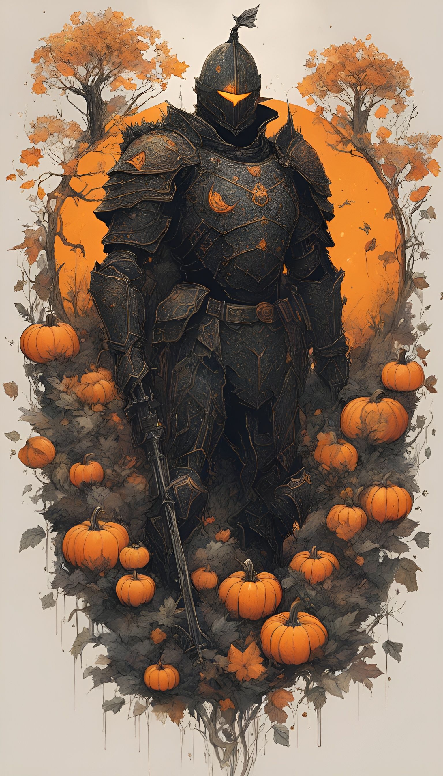 Pumpkin Knight in Detailed Black Armor, Digital Art