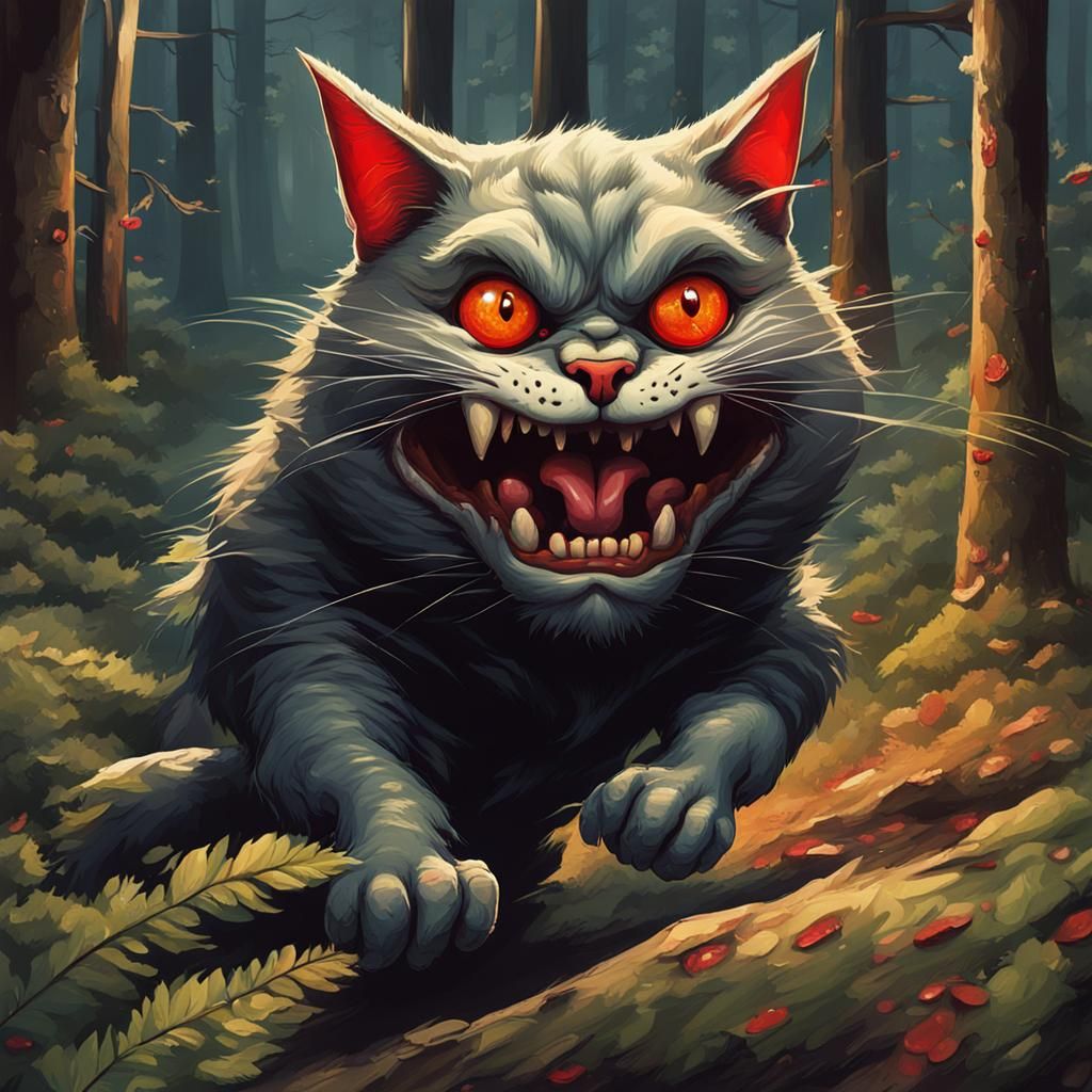 Sinister Caricature Cat Parkour in Forest Illustration