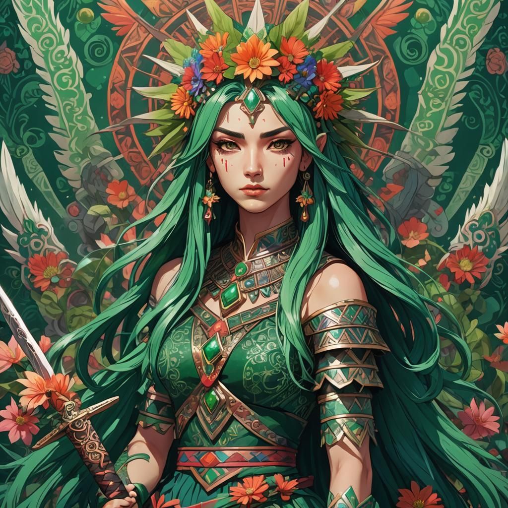 Anime Woman with Sword in Aztec-Inspired Style