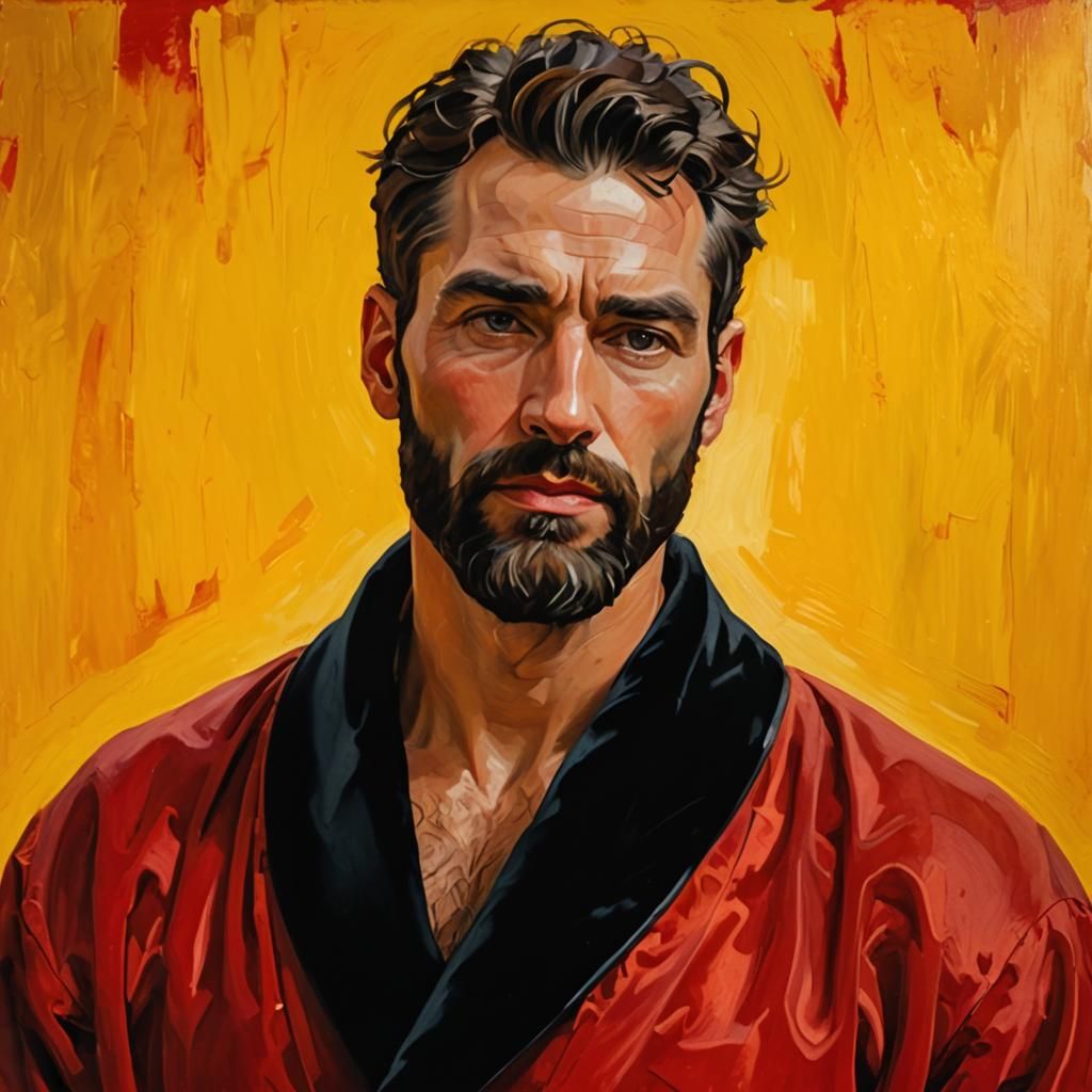 Expressionist Portrait of Bearded Man in Red Velvet