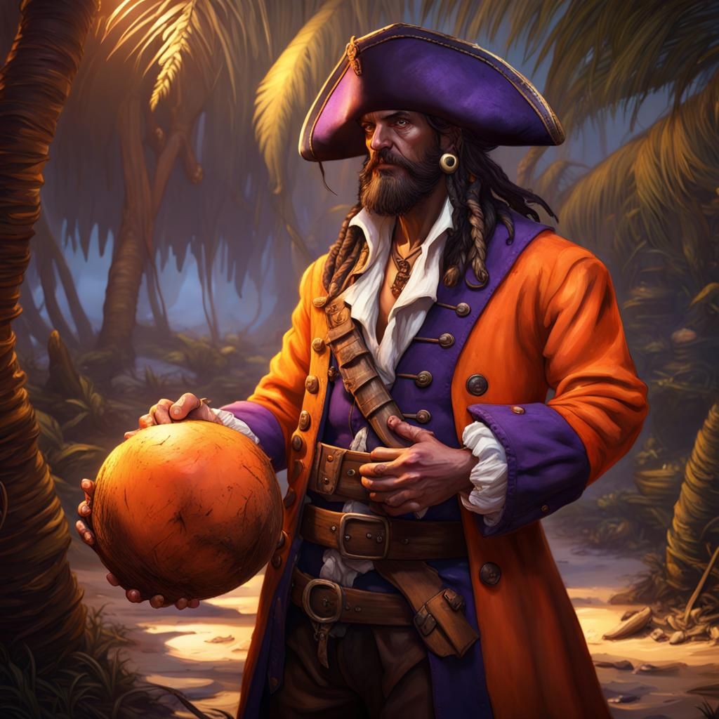 Detailed Pirate Inspects Coconut: Dark Fantasy Art
