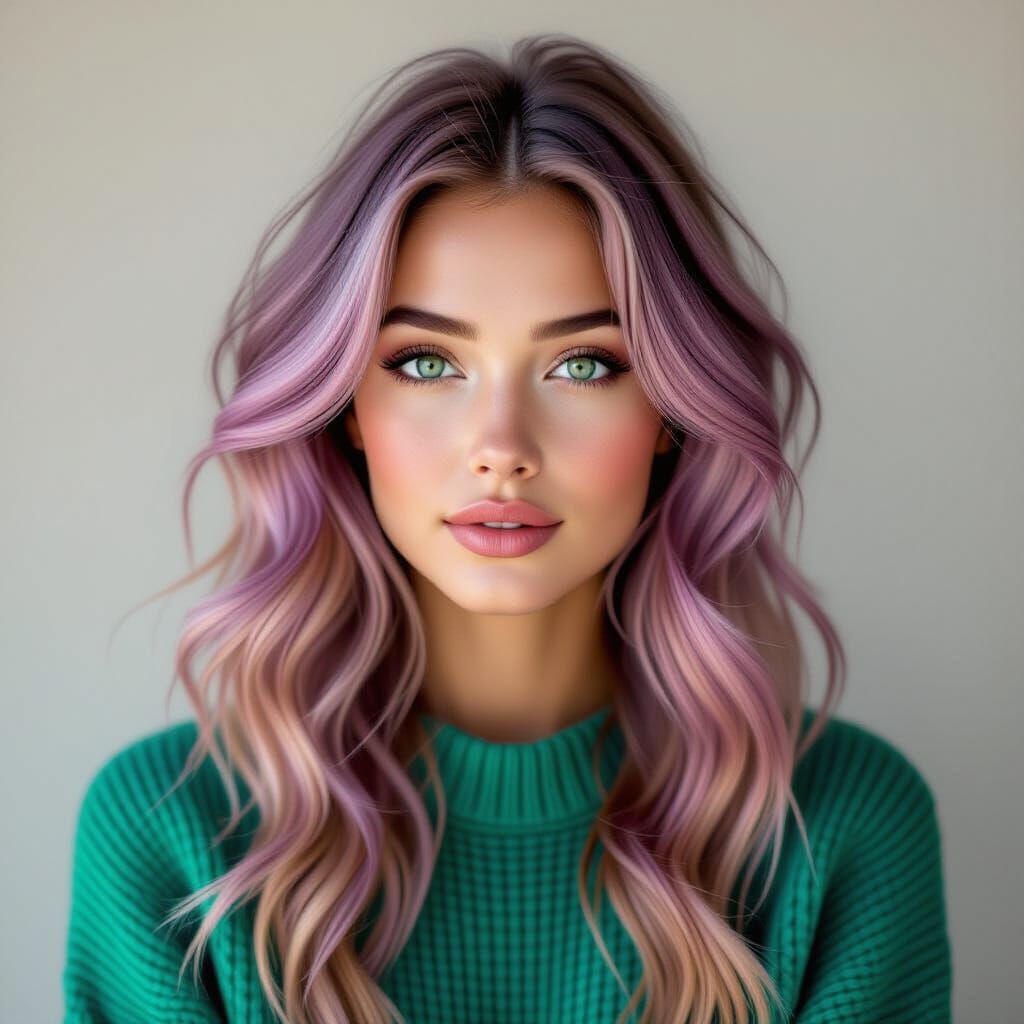 A painterly portrait of a youthful bohemian woman in a knitt...