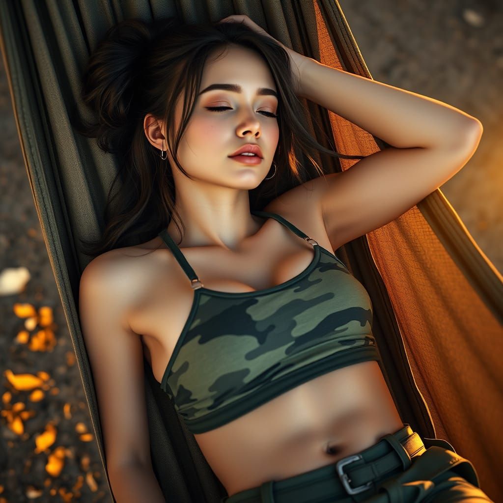 American Soldier Relaxing in Hammock at Sunset