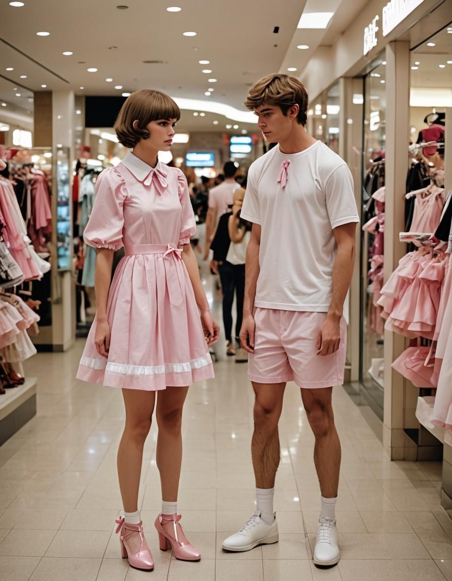 Muscular Boy in Pink Dress Fixing Girl's Ribbon