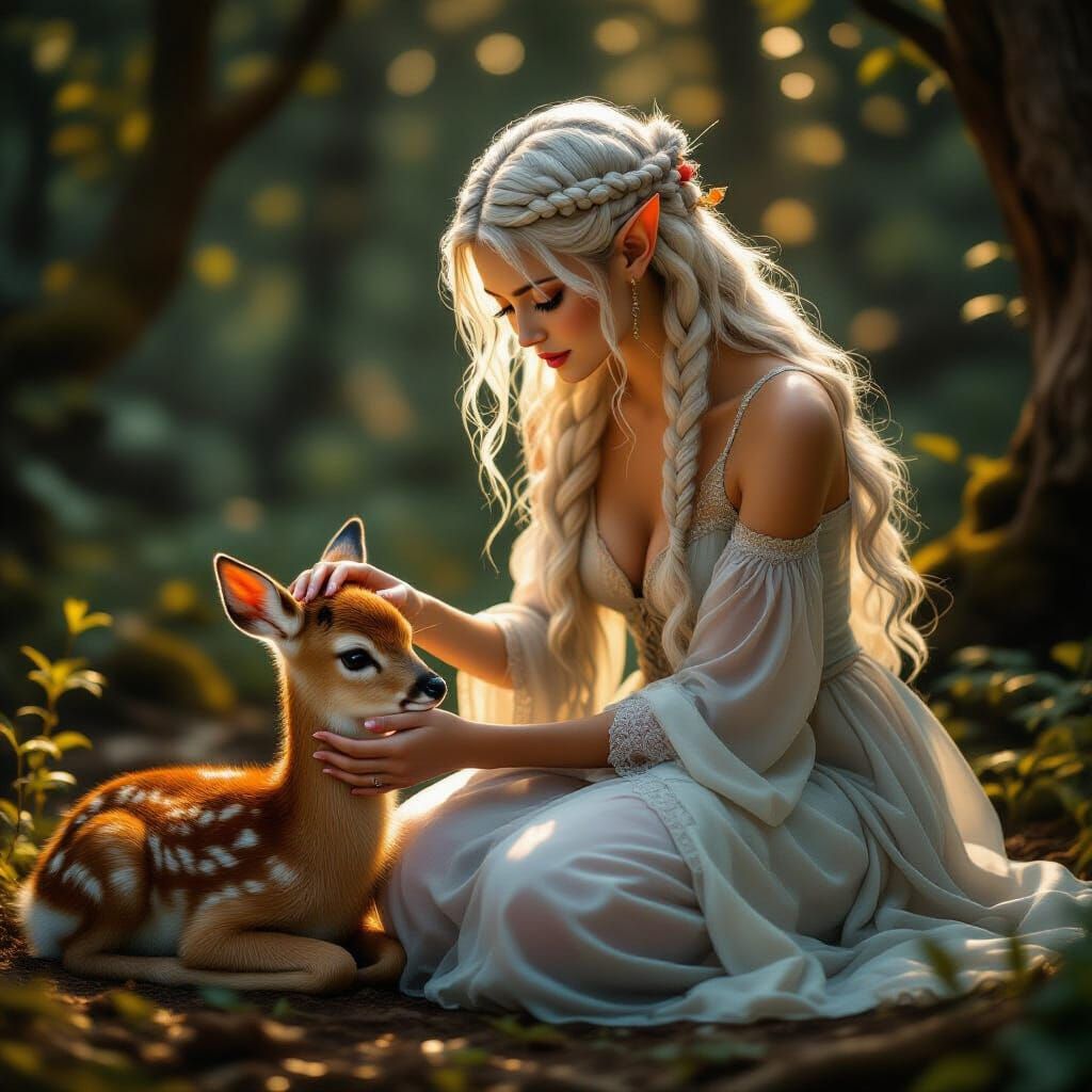 Elf and Fawn in Dark Fantasy Style