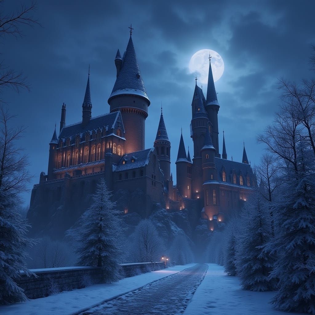 Whimsical Hogwarts Illuminated by Ethereal Moonlight