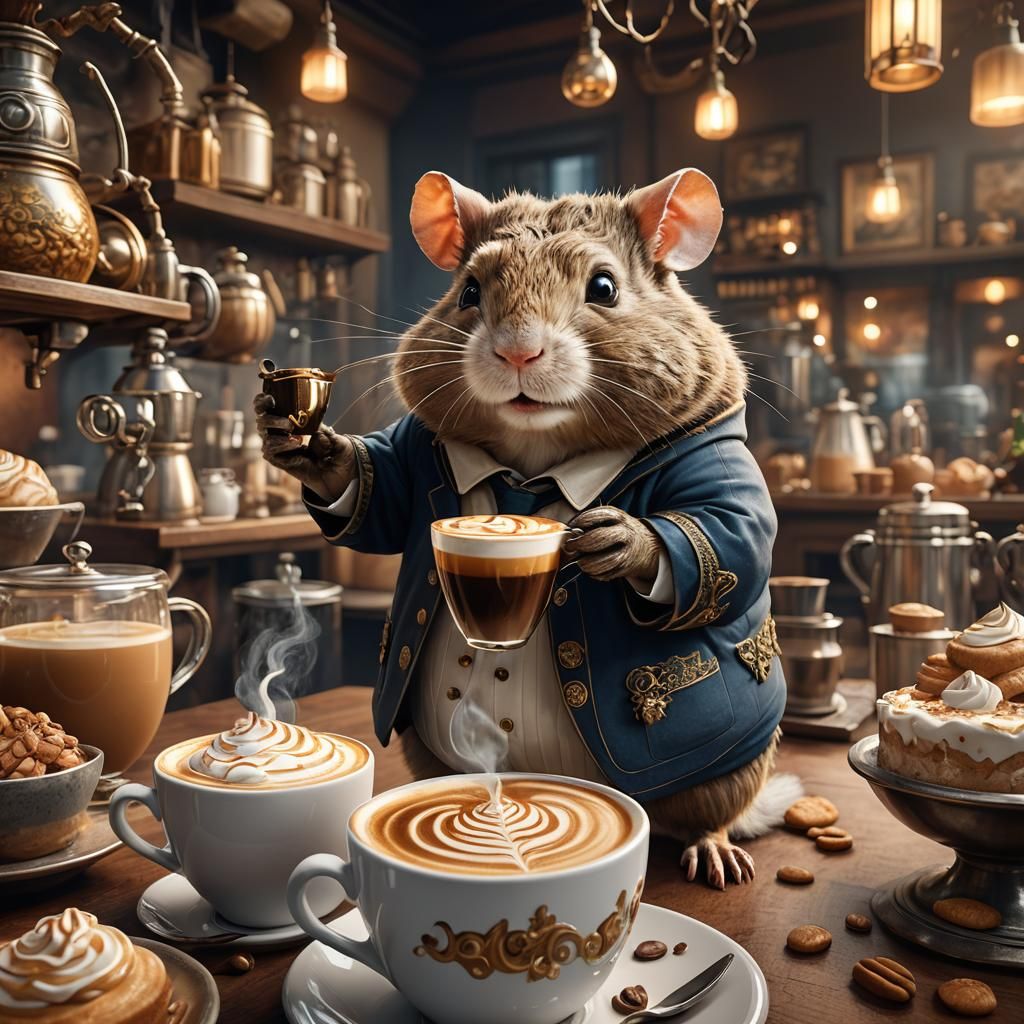 Sophisticated Rodent Makes Latte, Detailed Digital Art