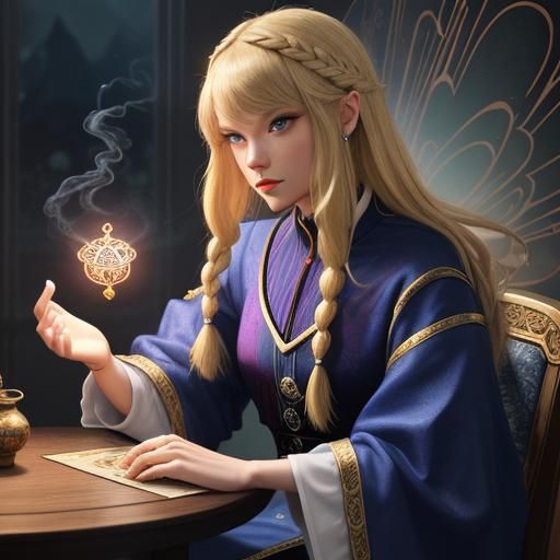Blonde Woman Reading Tarot Cards in Anime Style