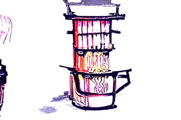 Detailed Mechanical Ramen Cart in Cyberpunk Comic Style