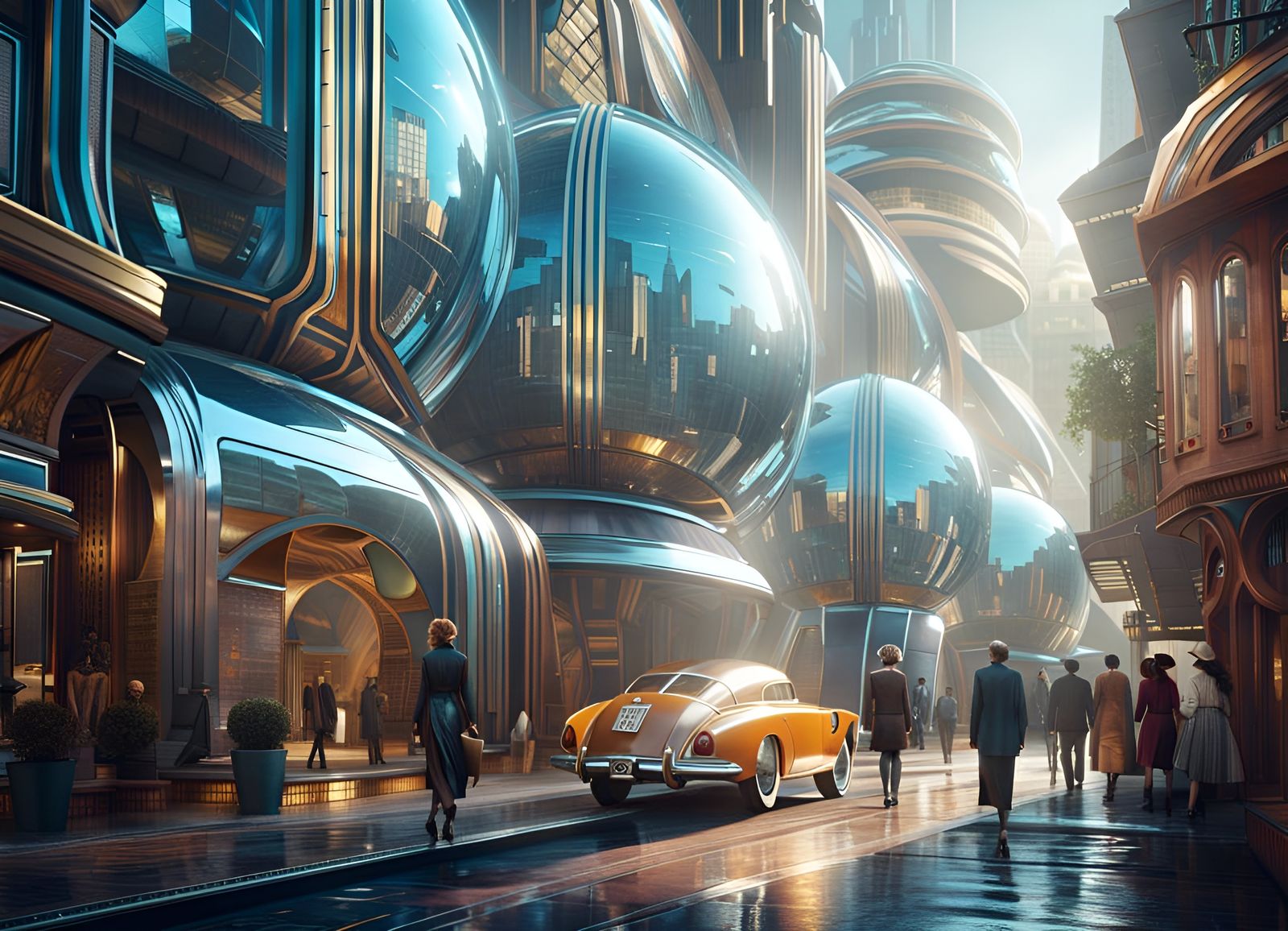 Futuristic City Street Scene in Retro-Futurism