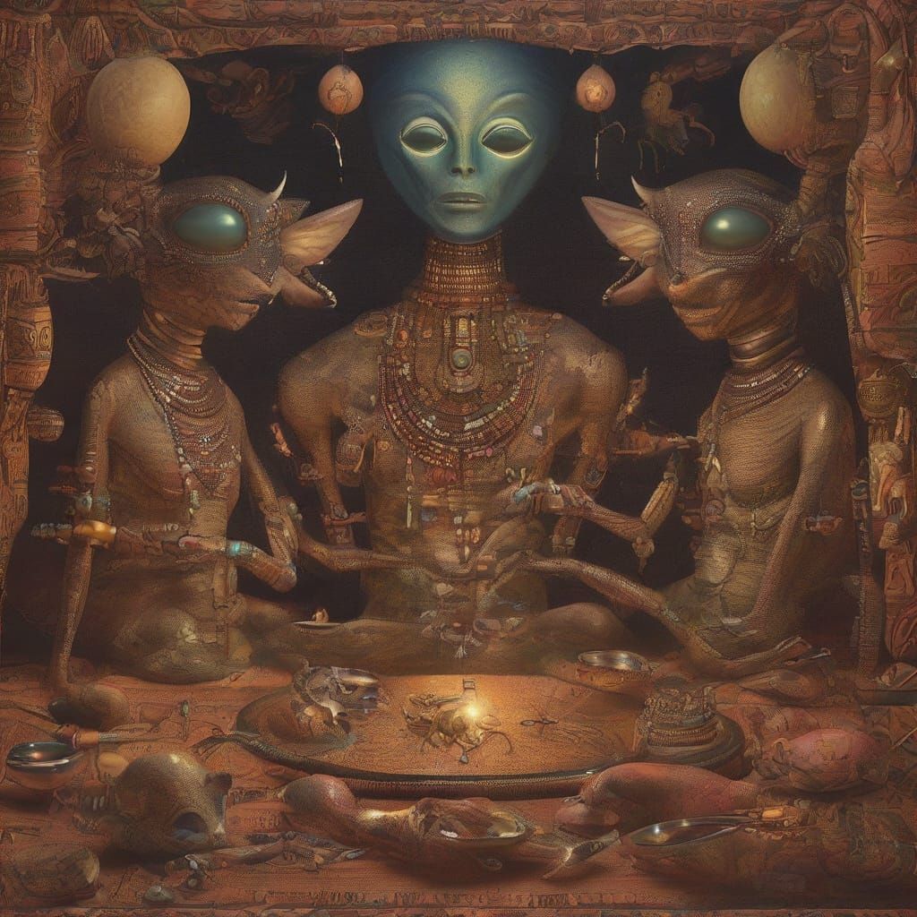 Alien Market: Tirannomouse Sales in Naive Art Style