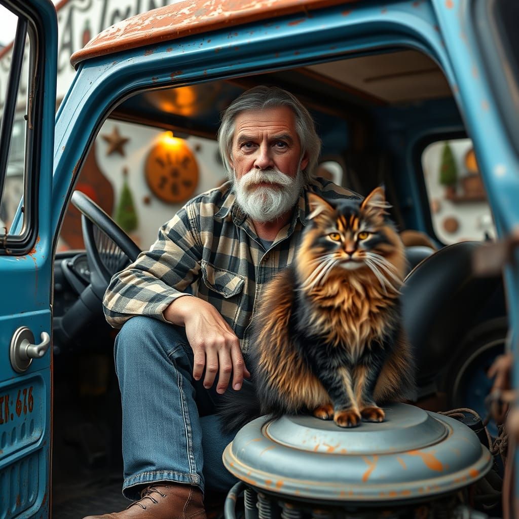 Vintage Van Scene with Man and Cat