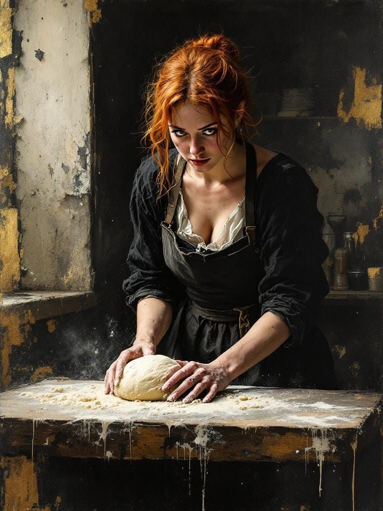 Redhead Baker in Film Noir Style Kitchen