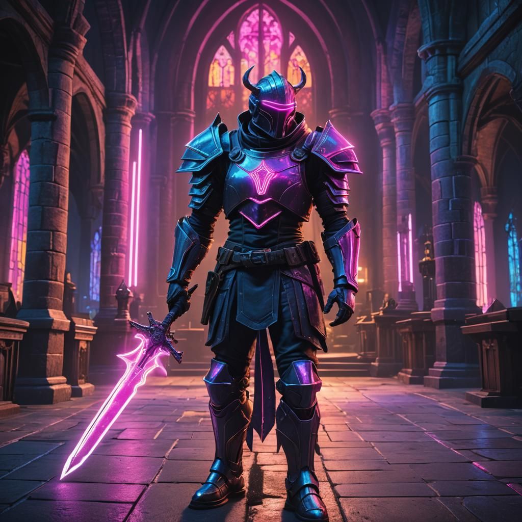 Futuristic Elder Scrolls Blades in Neon Cyberpunk Church