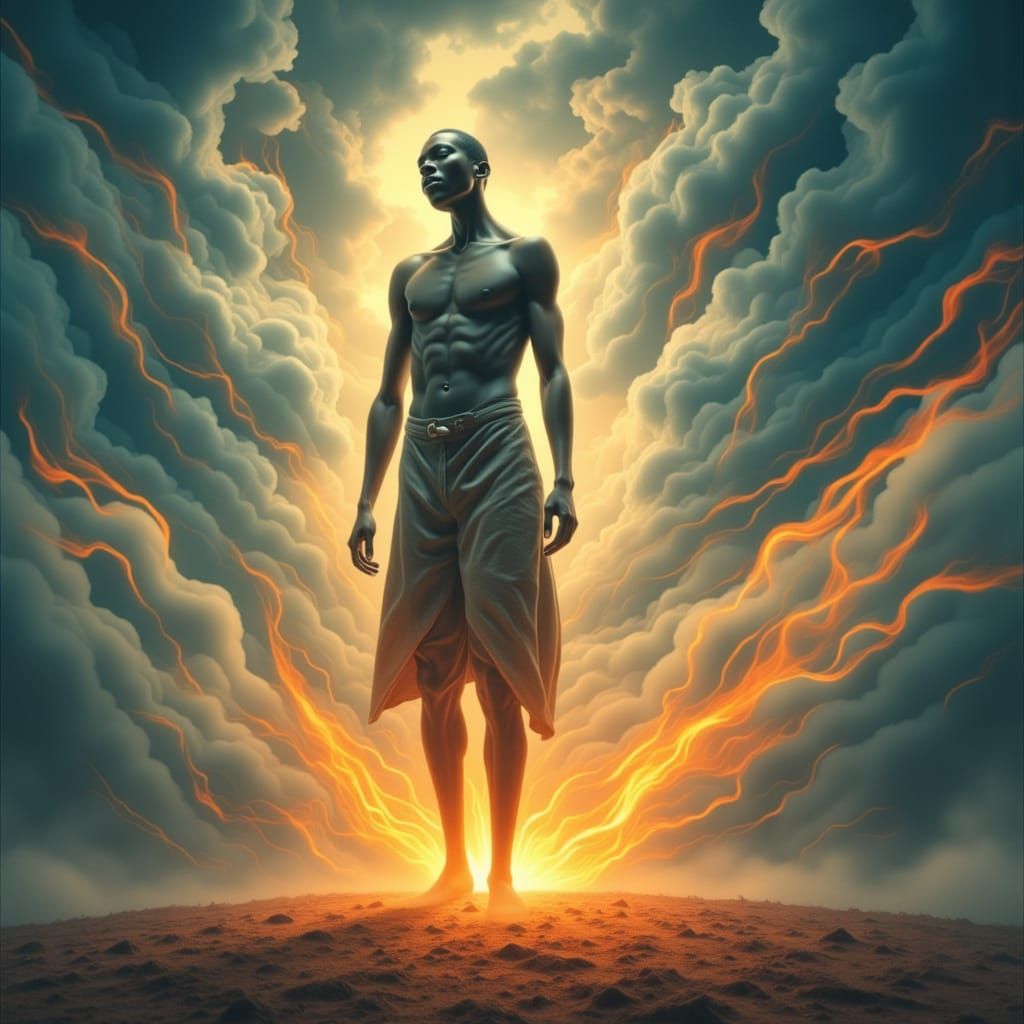 Surreal Figure Swathed in Ethereal Flames in a Dreamlike Lan...