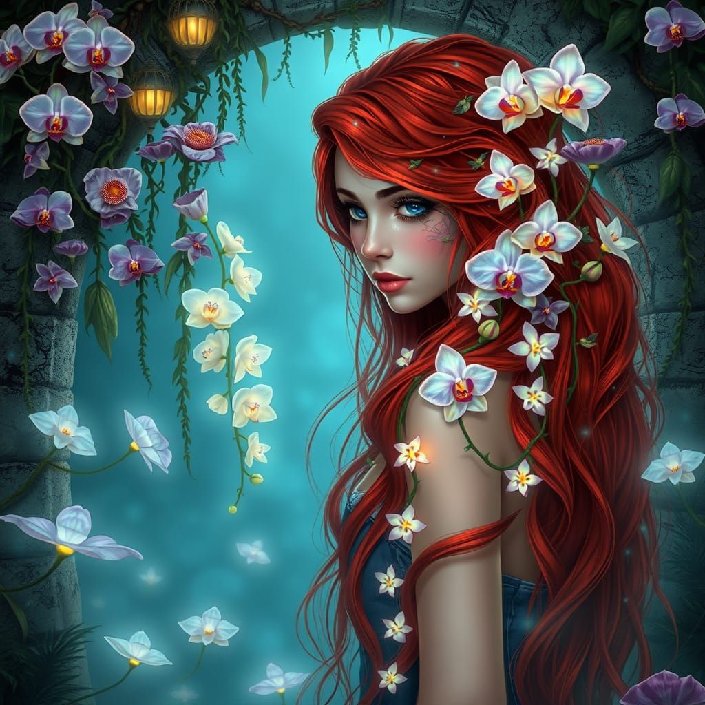 A fantasy portrait photograph of a young woman with long, red hair. Her hair is interwoven with luminous vines and glowi...