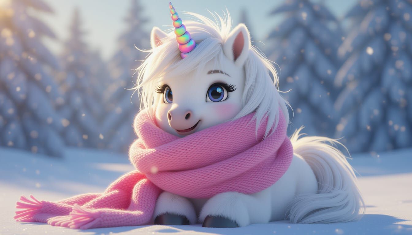 Fluffy Unicorn in Pink Scarf with Cinematic Lighting