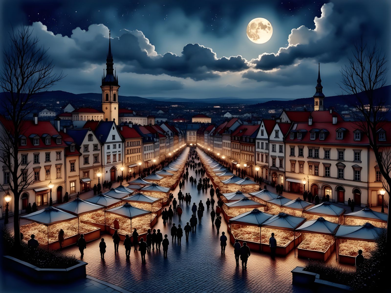 Night falls over the Prague market square