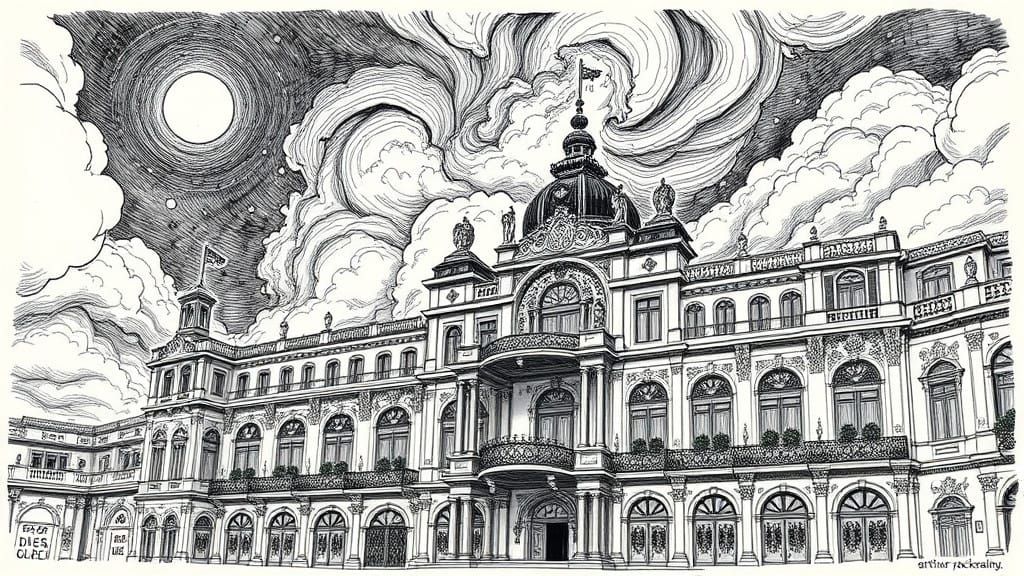 Grand Belle Epoque Casino Facade Under Moonlit Sky