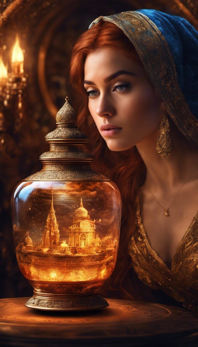 Hyper realistic delicate glowing glass genie in a bottle smo...
