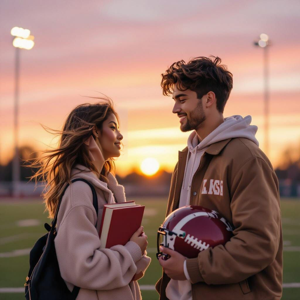Couple on Football Field at Sunset in Golden Hour