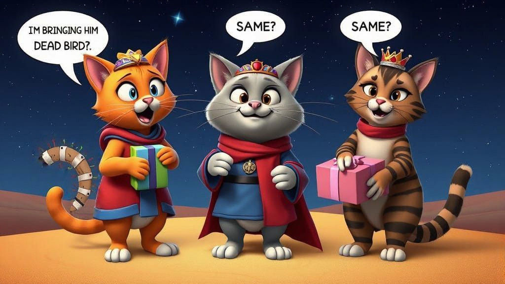 Three Comical Cartoon Cats Bring Gifts