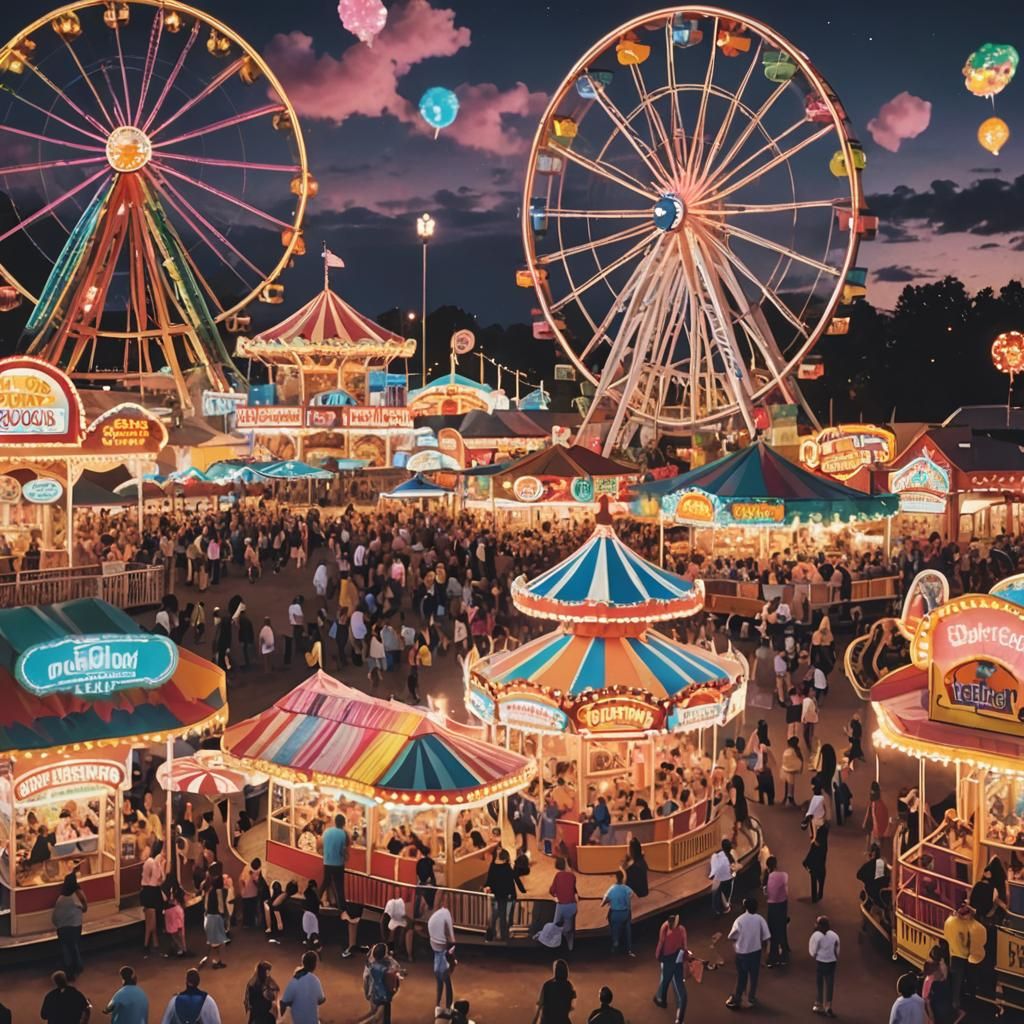 Festive County Fair at Night with Colorful Lights