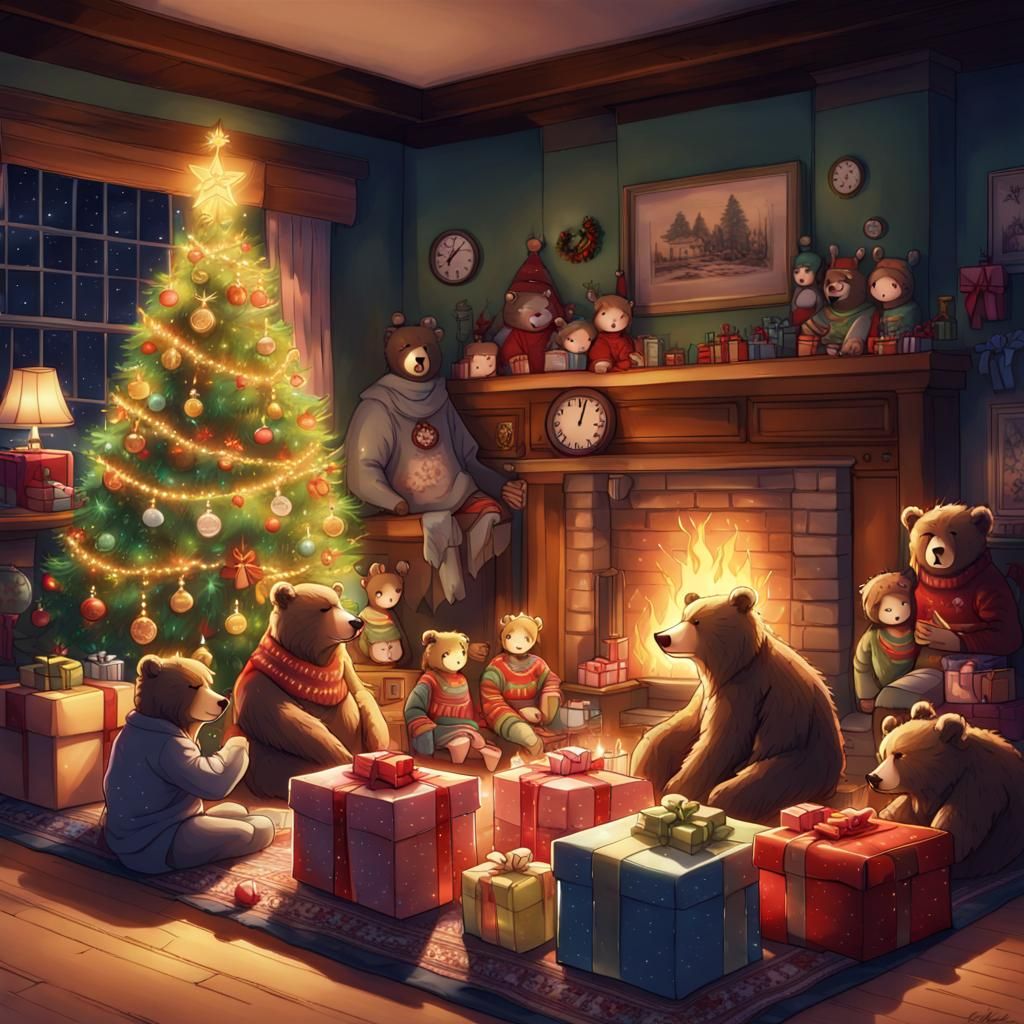 Bears Celebrate Christmas Eve in Anime Style