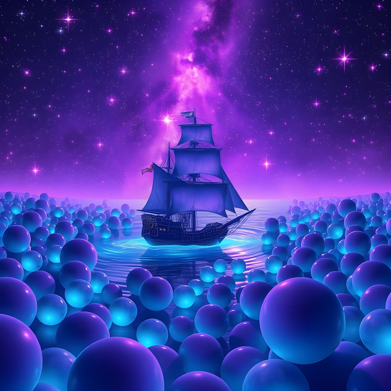 Pirate Ship Navigates Starry Sphere Ocean in Fantasy Art Sty...