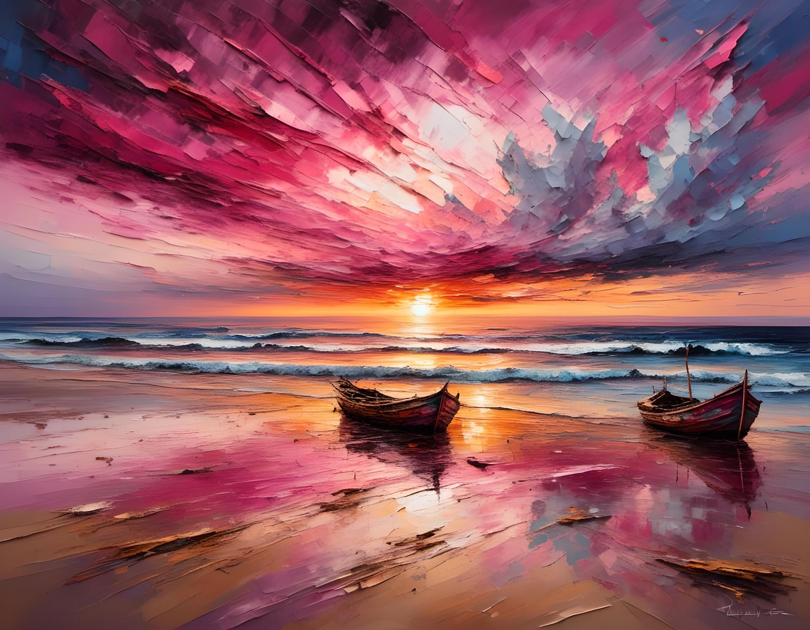 Pink Sunset Boat Reflections.