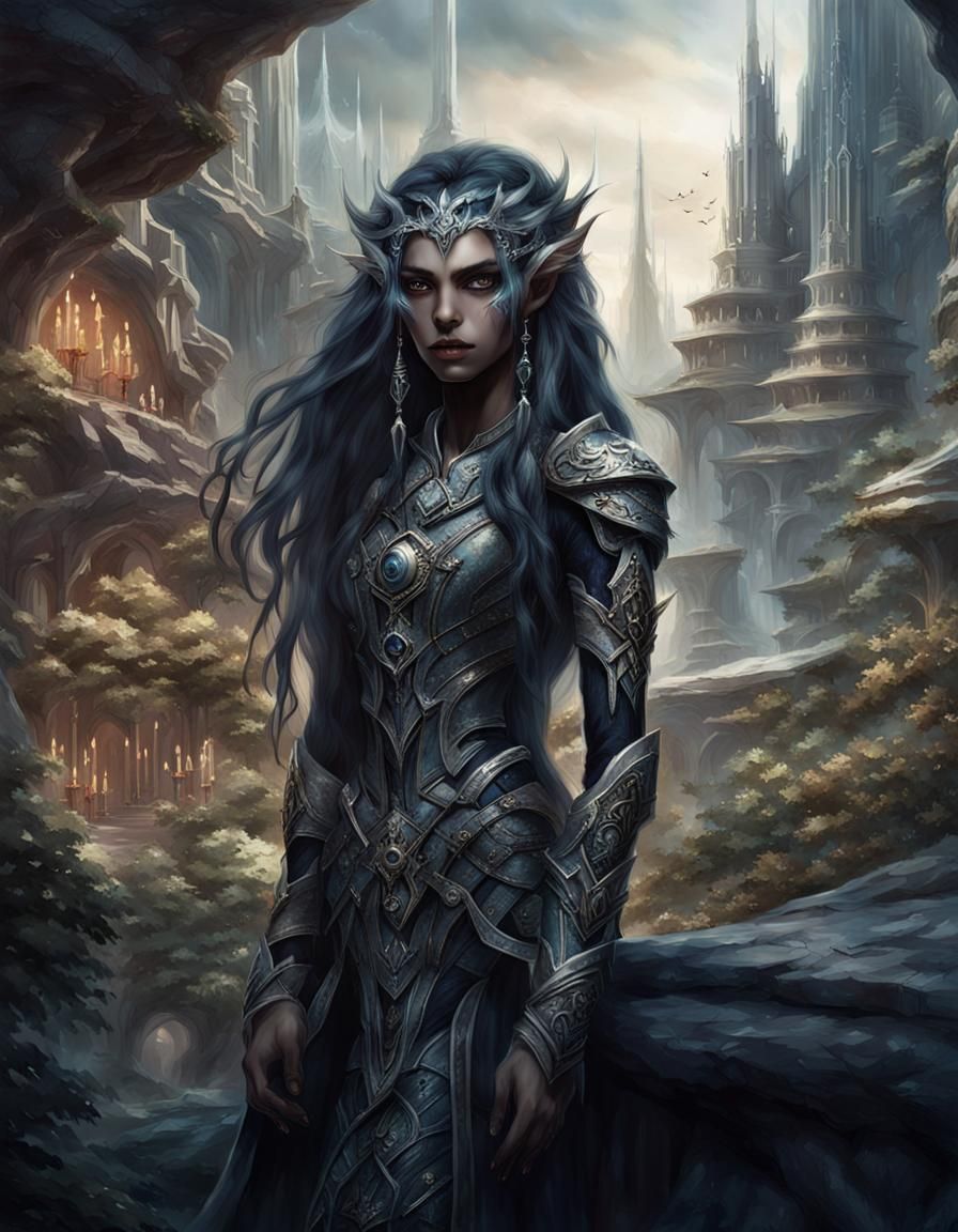Dark Elf Girl in Crystal City Landscape