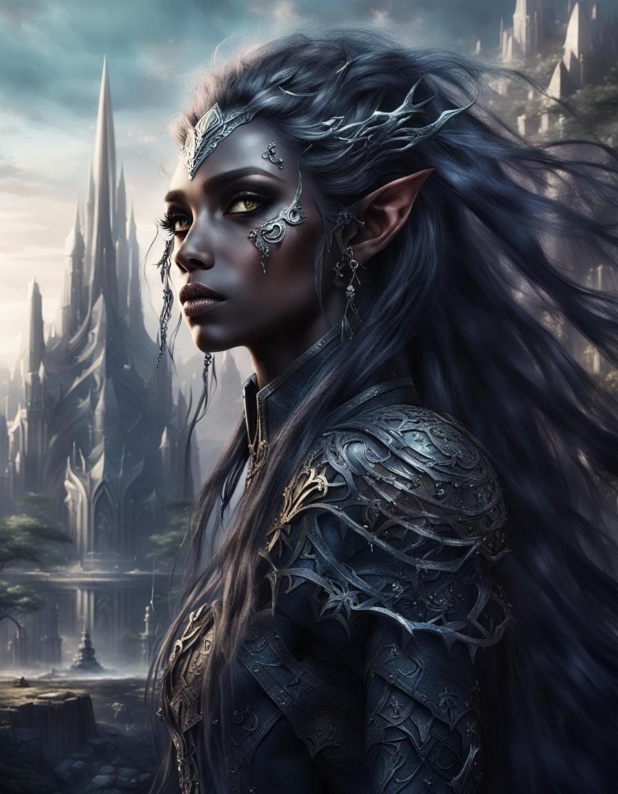 Dark Elf in a Crystal City Landscape