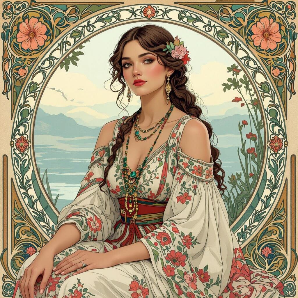 Woman in Floral Dress, Art Nouveau Style