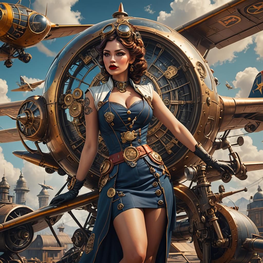 Steampunk Pin-Up Girl with Airplane: Hyperrealistic Art