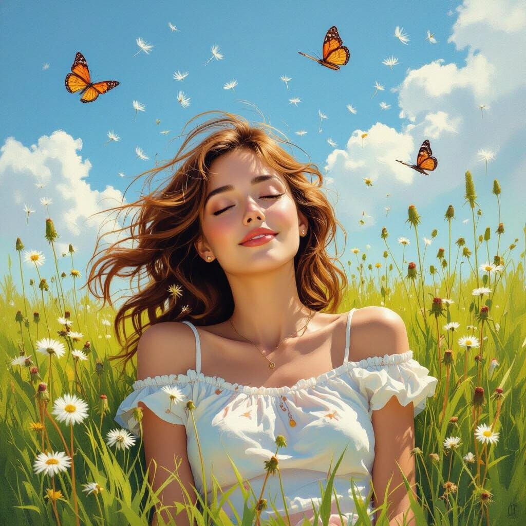 Woman Relaxing in Spring Meadow: Impressionist Oil Painting