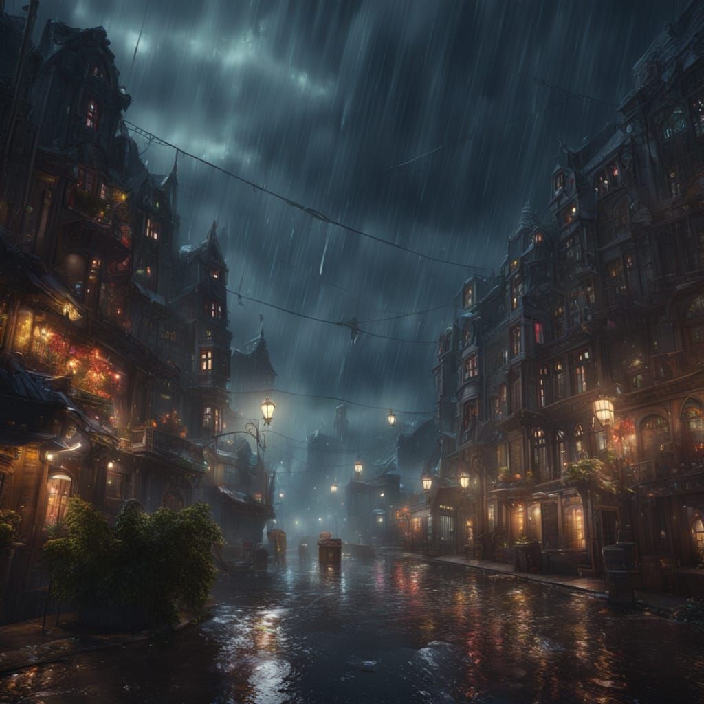Fantastical Rainy Night Scene in Deep, Complementary Colors