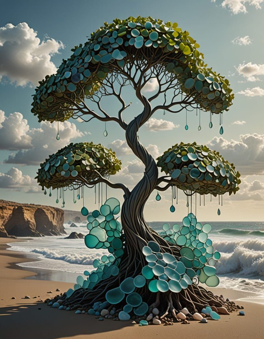 Ancient Copper Tree with Sea Glass Leaves in Surreal Desert