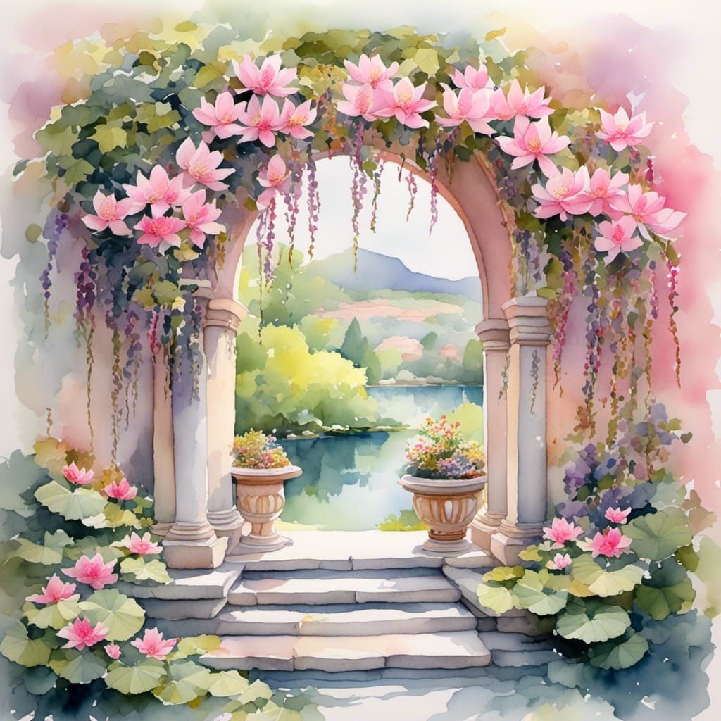 Pink and Gold Oriental Garden with Lotus Flowers