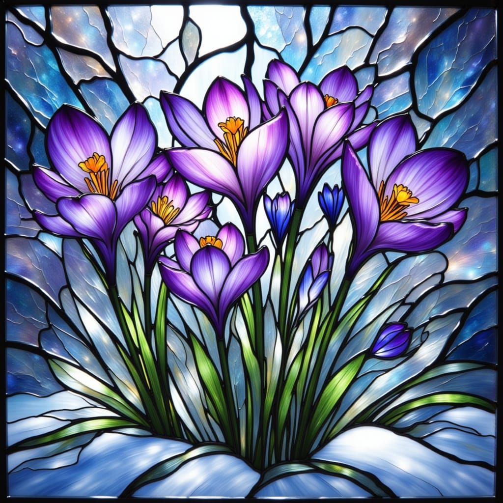 Luminous Stained Glass Window of Purple Crocuses in Snow