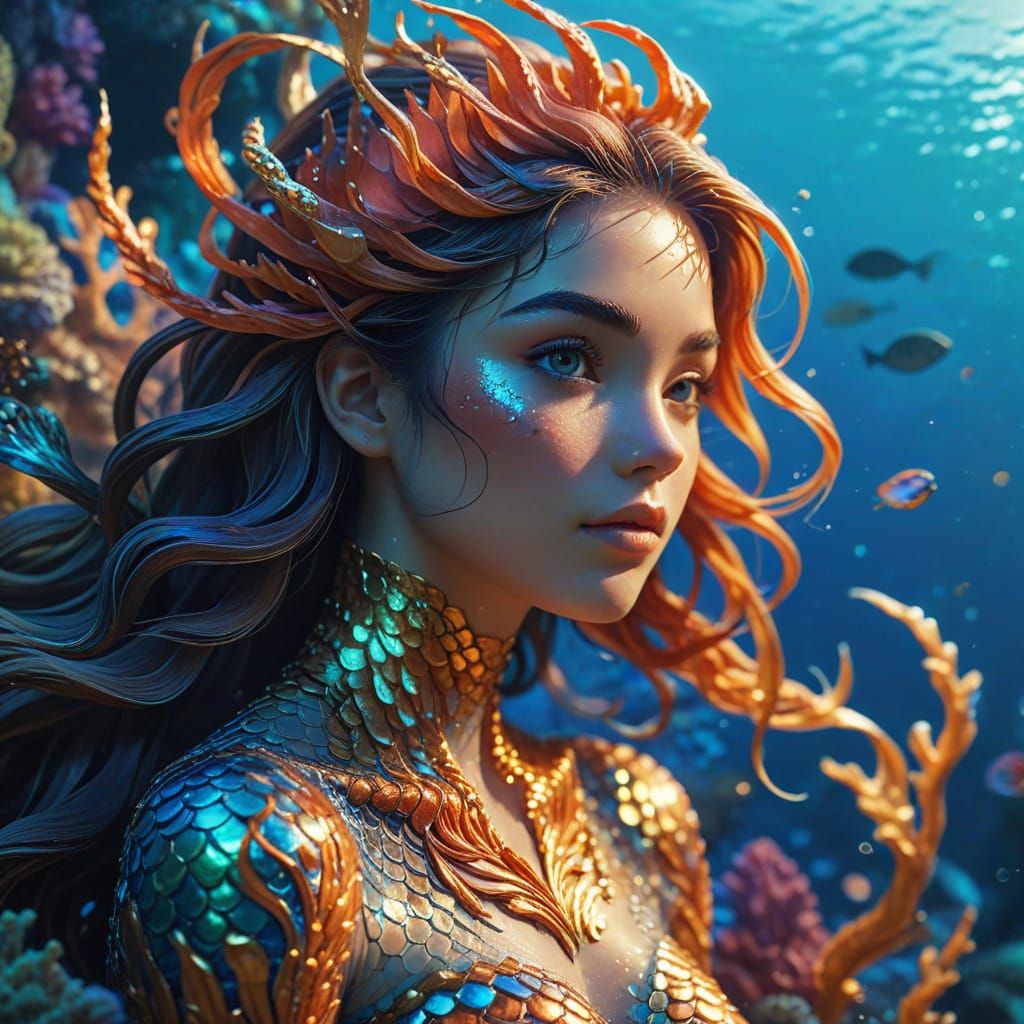 Anime Mermaid in Mystical Coral Reef