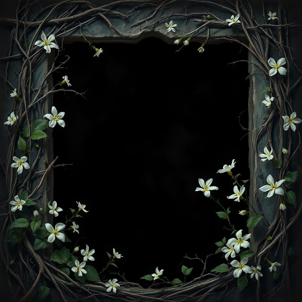 Dark Fantasy Landscape with Twisted Vines and Blooming Jasmi...