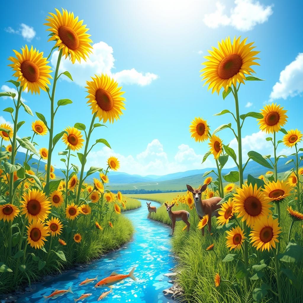 Sunflowers, Deer, and Stream in Anime Style