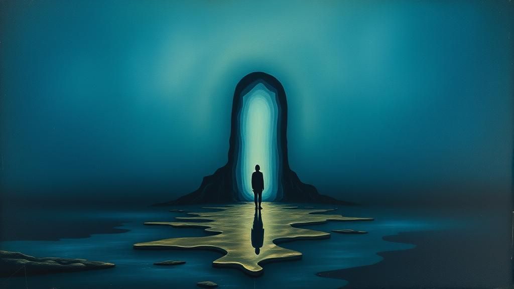 Dissolving Figure in Dreamlike Surrealist Landscape