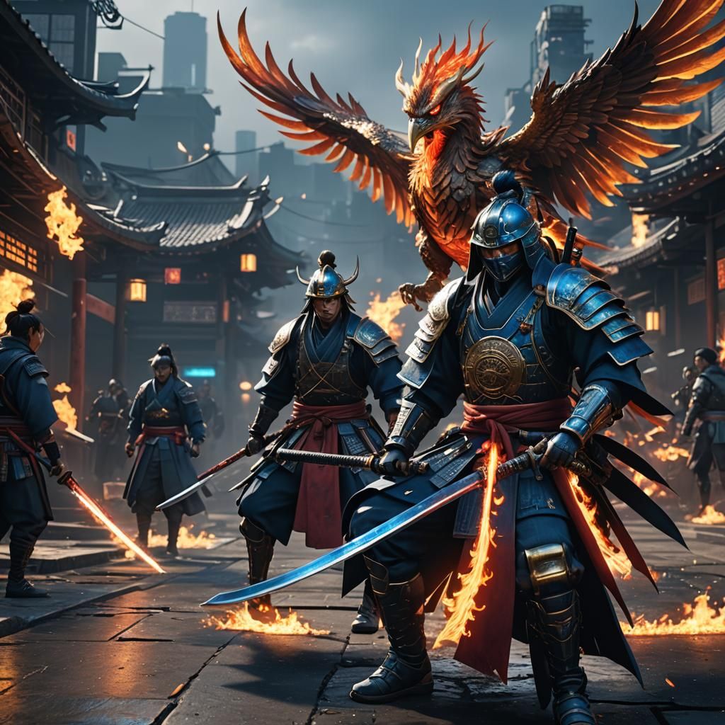 Cyberpunk Samurai with Phoenix Katana in 4K